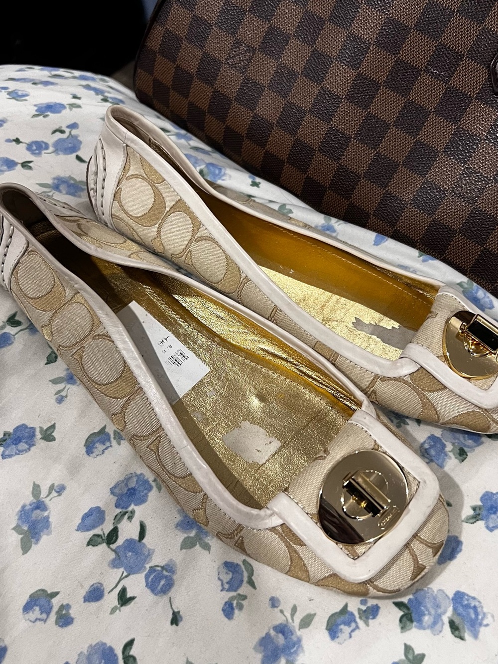 Coach Beige Logo Ballet Flats with Gold-Tone Buckle